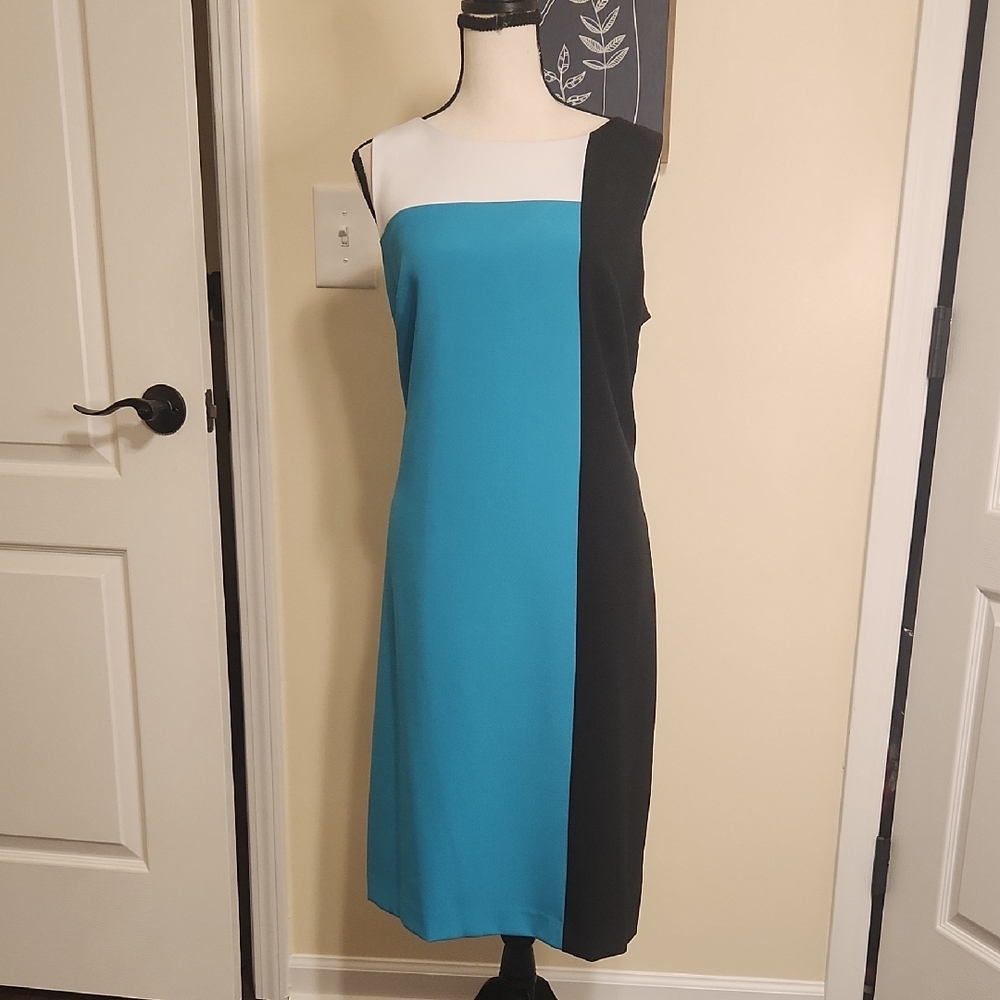 Elegant Color Block Dress - Blue, Black, and White